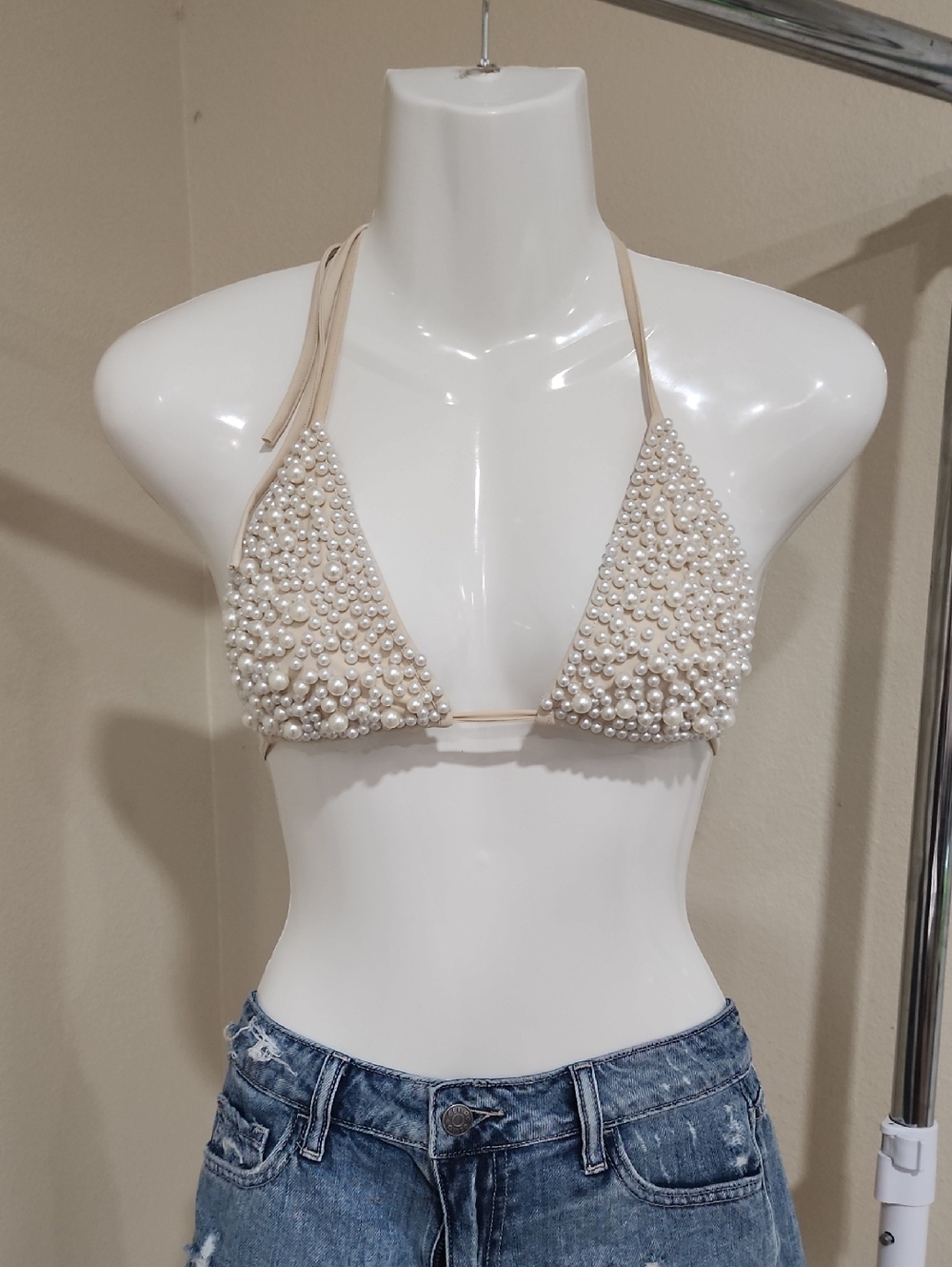 Hot & Delicious Pearl-Studded Bikini Top - Cream
